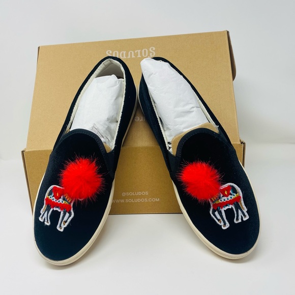 NWT Soludos Velvet Show Pony Sneaker Black and Red Pom Poms Size 5.5 - Picture 11 of 15